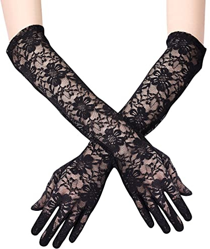 KINBOM Gants Longs en Dentelle pour Femme, Mariée, Thé, Costumes des Années 1920, Mascarade - Motif Floral, Longueur 44cm (Noir)