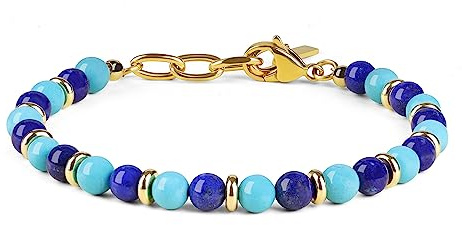 GAVU Pulsera de Turquesa y Lapislázuli Piedras Naturales Semipreciosas para Hombre Chapada en Oro