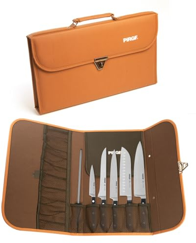 Pirge Classic - Juego de cuchillos de cocina (7 piezas, con estuche de piel, chef, santoku, carne, filete, verduras, acero para afilar