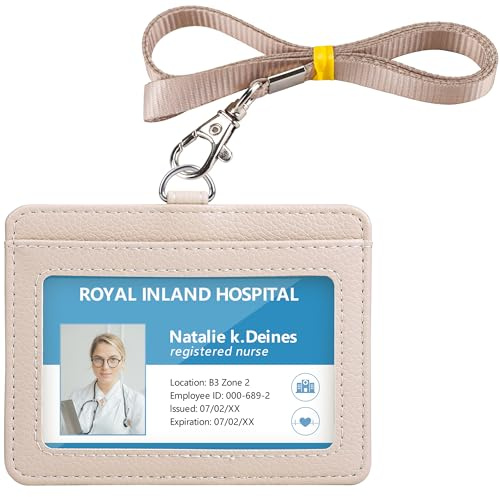 Teskyer Card Holder with Lanyard, ID Badge Holder, Oyster Card Holder, Bus Pass Holder, with Clear Window, Holding 2 Cards, PU Leather, Horizontal, Beige