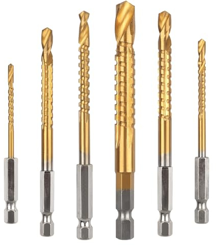 AOKLIT 6 Pack Titanium Coated HSS Twist Drill Bit, 3-8mm Hex Shank Serrated Cutting Drill Bit Woodworking Tools for Wood Metal Plastic Hole