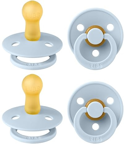 BIBS Dummies Colour 4-Pack, BPA Free Dummy Pacifier, Round Nipple Soothers, Natural Rubber Latex, Made in Denmark, Size 2 (6-18 Months), Baby Blue