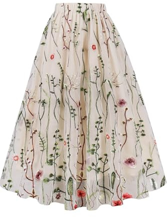 AXOE Women Long Tulle Skirt Midi Elasticated Waist Mesh Layered A-line for Summer Wedding Party Casual Beige and Floral Embroidered, UK Size 8-12, S