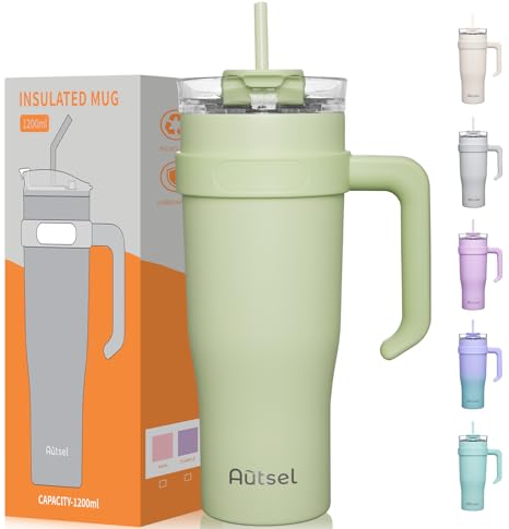 Autsel 1200ML Taza de viaje Botella agua con asa Taza de café aislada con tapa de pajita Taza de café de acero inoxidable a prueba de fugas Vaso al vacío Taza para bebida fría caliente