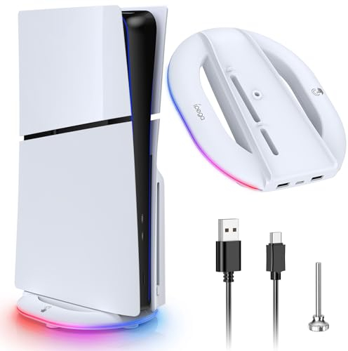 Auarte RGB Standfuß für PS5 Slim, Vertikaler PS5 Slim Ständer für Playstation 5 Slim Disc & Digital Edition Konsole, 2 USB Hub, 14 Lichteffekte
