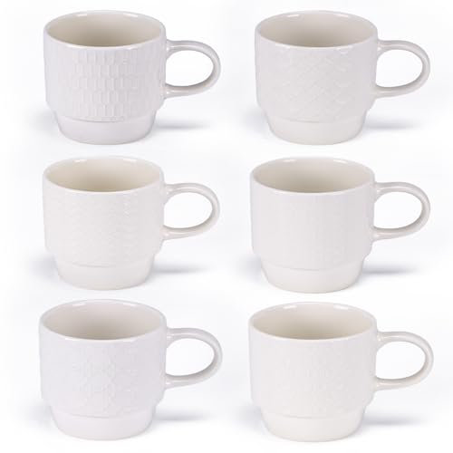 EYMPEU Set de 6 Tazas de Porcelana Blanca Nueva de 300 ml, Diseño Texturizado Elegante y Diferente, Tazas de Café o Té con Asa Cómoda, Apta para Hogar, Oficina o Regalo