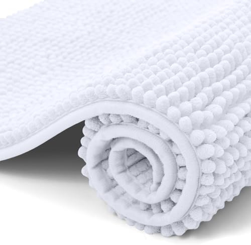 OLANLY Chenille badmatta, 50 x 80 cm, extra mjuk halkfri badrumsmatta, superabsorberande fluffiga badmattor för badrumsgolv, maskintvättbar torr badmatta fotmatta, vit