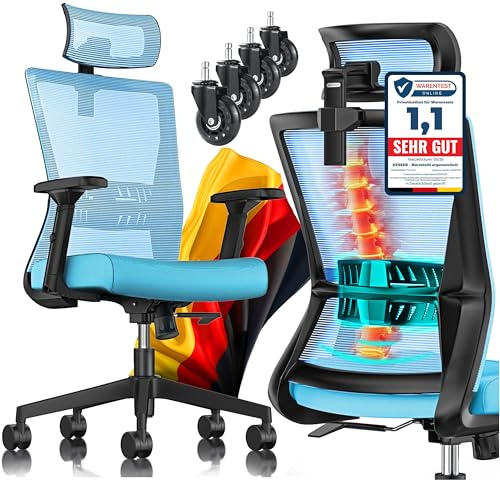 KESSER® Bürostuhl Ergonomisch mit verstellbaren Armlehnen | Drehstuhl mit Lendenwirbelstütze Rückenschonend | Schreibtischstuhl mit Kopfstütze | Office Chair Wippfunktion bis 125° mit 5X Gummirollen