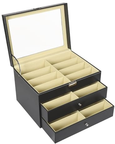 MINRS 34 x 25 x 19 cm Brillenaufbewahrung Brillenbox Brillenetui zur Aufbewahrung von 24 Brillen mit Schaufenster aus Glas,Sonnenbrille Aufbewahrung Uhr Schmuck Stapelbar Aufbewahrungbox