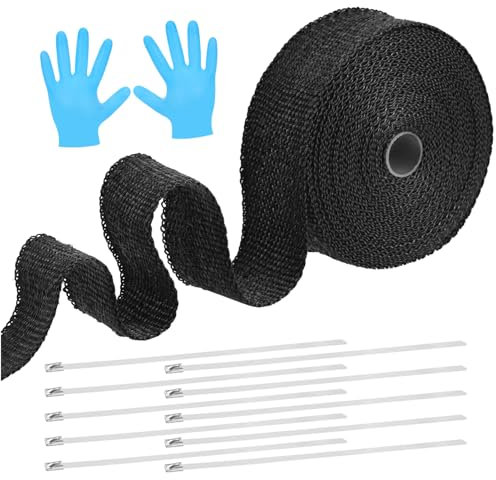 Zocipro Hitzeschutzband, 5cm x 10 Meter Hitzeschutzband auspuff, Auspuff hitzeschutzband Schwarz mit 10 Edelstahl Kabelbinder und Handschuhe, Auspuffband für Auspuffkrümmer von Motorrädern und Autos