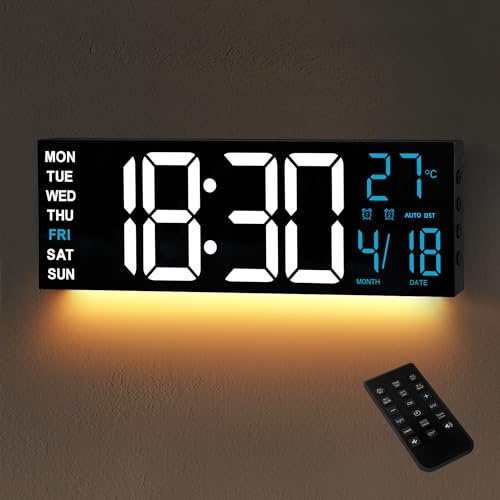 Jassurance 16IN Large Digital Wall Clock, 8 RGB Color Display, Auto DST, Clocks for Living Room Decor, Smart Clock Office, Bedroom, Gym Timer
