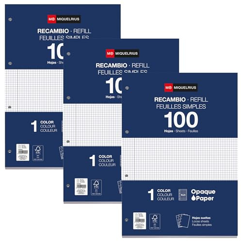 Miquelrius - Blocs de recambio, 300 hojas cuadriculadas 4x4 mm, Papel opaco 90 g/m², Recambio hojas A4 perforadas para carpeta de anillas o archivadores, Material escolar ideal para la vuelta al cole
