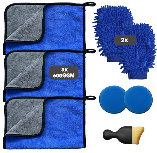 8 Pcs Car Wash Cleaning Kit with 3 Microfibre Cleaning Cloth 2 Microfibre Wash Mitt 600GSM Dual-Sided Ultra Soft Drying Towels and Gloves for Car Washing Polishing Household