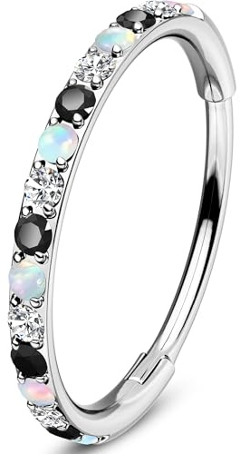 OUFER Piercing de nariz con clicker de 20G, acero quirúrgico 316L, anillo nasal con CZ transparente violeta/negro y ópalo, piercing de hélice, aro para la nariz, piercing de cartílago, piercing de