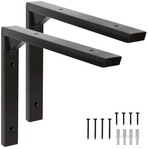 Terafeels 2 Pack Black Shelf Brackets – Stainless Steel L Shaped Wall Shelf Supports with Triangular Reinforcement, Hollow Design, Screws and Wall Plugs Included 8 Inch