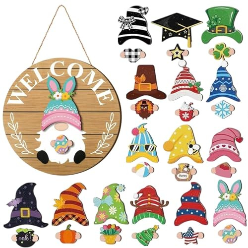 Wichtel Austauschbares Willkommensschild Haustür, 30 Stück saisonales Holzschild mit Magnetstücken und abnehmbaren Hüten, DIY Halloween Deko Weihnachtsdeko für Haustür, Veranda (B)