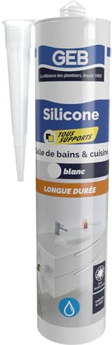 GEB Mastic silicone tous supports couleur blanc pour l'étanchéité sanitaire. Anti-moisissures, sans odeur et longue durée - 280 ml