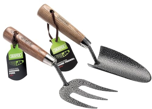 Draper 2 Piece Carbon Steel Garden Tools Set | Hand Fork and Trowel Set |Ash Handle Heavy Duty Gardening Tools | 83776