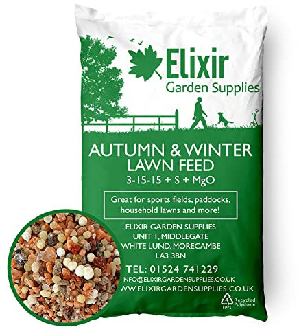 Elixir Gardens Autumn Winter Fertiliser, Sports Field, Paddock and Lawn Feed | Made in UK, Optimized for British Climate | NPK 3-15-15+5.2% S+2.6% Mg | x 10kg Tub Treats 200sqm