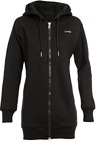 Winshape Damen Lange, kuschelige Hoodie-Jacke J006 mit 2-Wege-Zipper Kapuzenpullover, Schwarz, M
