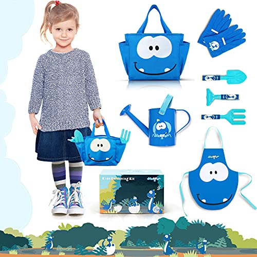 Colwelt Kinder Gartengeräte Set, Kinder Gartenwerkzeug Kit mit Gießkanne kinderschürze Schaufel Rechen Gabel Handschuhe und Tasche, Gartengeräte für Kinder Junge Mädchen