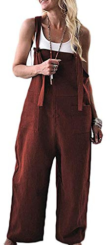 YILEEGOO Cotton Linen Dungarees for Women, Ladies Casual Overalls Baggy Wide Leg Pants Jumpsuit Playsuit (Brown, Small)