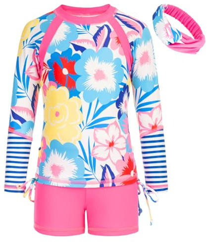 GRACE KARIN Girls Swimsuit Two Piece Bathing Suit Rash Guard Set with Headband Hot Pink 6Y