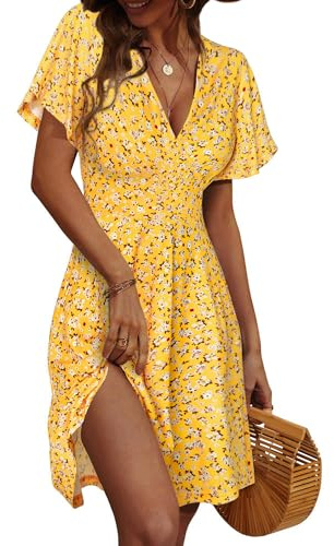 FENSACE Summer Dresses for Women 2026 Empire Waist Floral Spring Easter Knee Length Dress(Yellow,Small)
