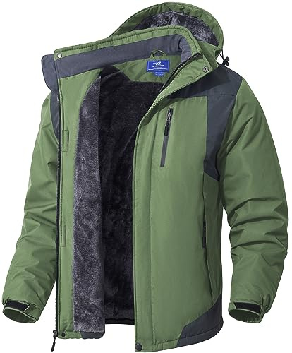 SPOSULEI Herren Winter Fleecejacke Warme Verdickt Gefüttert Skijacke Outdoor Winddicht Wasserdicht Jacke mit Abnehmbarer Kapuze für Wandern Grasgrün M