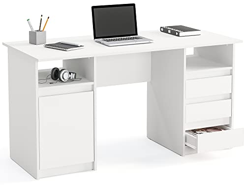 KOMTO Schreibtisch mit Schubladen - Oslo 145 x 65 x 76 cm Moderner Schreibtisch Weiß Bürotisch Computertisch Arbeitstisch Büro PC-Tisch Kinderschreibtisch mit Stauraum