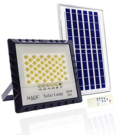Foco Proyector 200W 200LED con Panel Solar Fotovoltaico, Mando a Distancia y Sensor de Encendido Automático. Foco Solar IP67 con Luz Blanca, Iluminación de Exteriores, Patio, Jardín, Camino, Garaje.