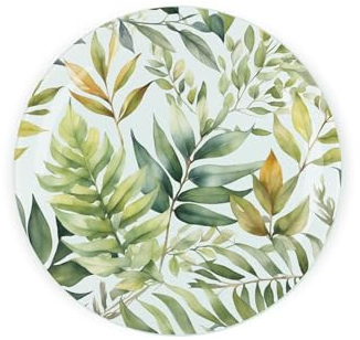 Foliage Round Glass Trivet Worktop Saver - Green Leaves - Textured Kitchen Chopping/Cutting Board Worktop Protector with Non-Slip Feet 20cm x 20cm (8 x 8)