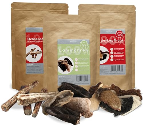 BARFAWAY Sparpaket Kauspaß Rind+Lamm, gefriergetrocknete Kausnacks (Ochsenschwänze, Rinderkopfhaut, Lammohren), geruchsneutral, 100% natürlich ohne Zusätze, Deutsche Herstellung, 3er Pack (900 g)