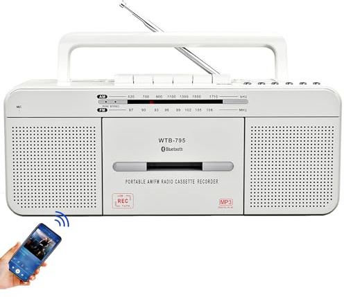 Cassette Player Boombox, Portable AM/FM Radio Stereo with Bluetooth, USB, Dual Big Speaker, Earphone Jack, Record to Cassettes/USB via Mic,Cassette to MP3 Converter,AC/DC Powered