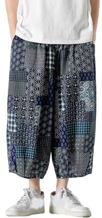 Gurunvani Pantalon à jambes larges pour homme avec patchwork, taille élastique, pantalon de plage ample, Taille S