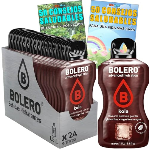 Lote Bebida Bolero (24 x 9 Gr) Sabor COLA Hidratante con Vitamina C, Sin Azúcar + Tarjeta con 100 Consejos Saludables y Vida Sana x WikiMark (24 Sobres + Tarjeta 100 Consejos, COLA (KOLA))