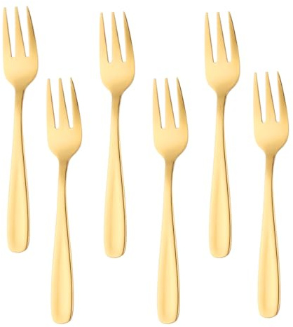 Buyer Star Lot de 6 fourchettes à dessert en acier inoxydable de 14 cm - Réutilisables - Pour maison, cuisine, restaurant, camping, pique-nique, gâteau, fromage - Doré