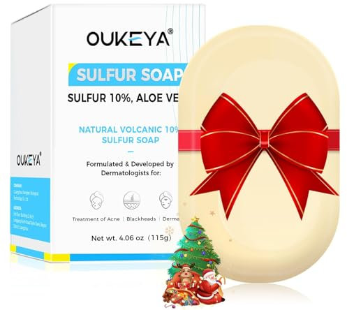 OUKEYA 10% Schwefel Seife, Ziegenmilchseife Gesicht, Salicylsäure, Teebaumöl, Aloe Vera, Antibakteriell, Beruhigend, Tiefenreinigung, Hautbarriere Reparierend, für Ölige Und Akne-Neigende Haut, 115g