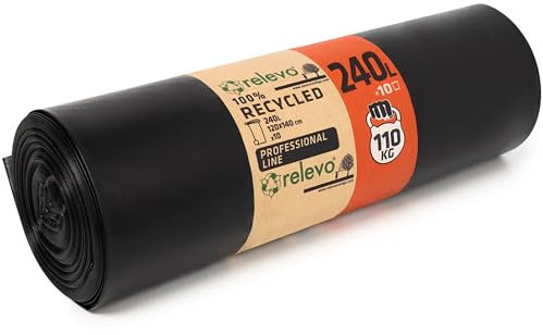 Sacs Poubelles Résistants Relevo, Sacs Poubelles Durables avec Résistance jusqu’à 110 kg, Sacs en Plastique Anti-Fuites, Grande Capacité 240 L