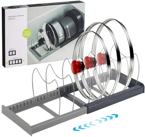 Demarsen Pot Lid Holder Expandable Pans Organiser Rack with 7 Adjustable Compartments Pan Storage for Cupboard,Chopping Board,Baking Trays,Grey