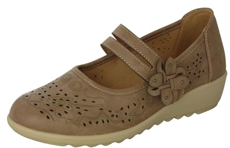 Cushion Walk EEE Extra-Wide Fit Women's Ladies Lightweight Faux Leather Mary Jane Low Wedge Bar Shoes (6 UK EEE, Beige)