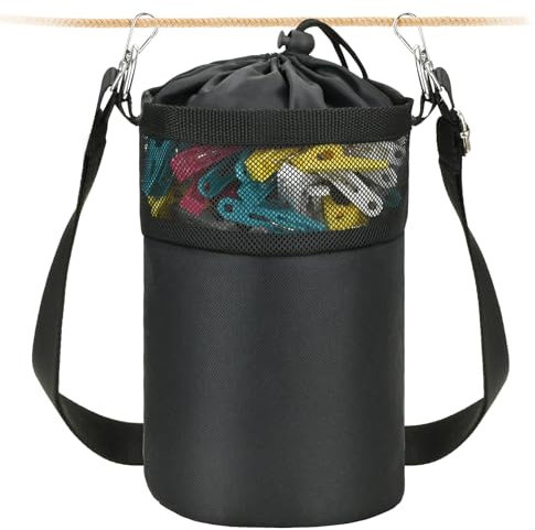 Mellbree Borsa per mollette di alta qualità per stendibiancheria con gancio, borsa nera per mollette con cordino di chiusura e tracolla per mollette da bucato, per uso interno ed esterno, Nero ,