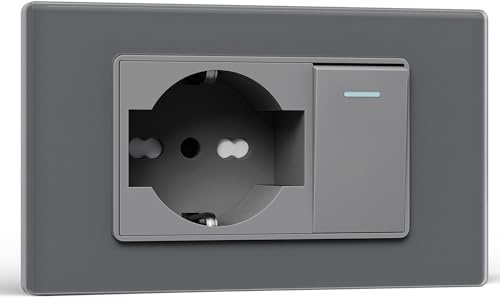 BSEED Steckdose Schuko e Interrutore 1 Gang 2 Vie, Steckdosen elektrisch da Muro 10A/16A e Interruttore a Levetta, Schuko con Pannello di Vetro, Steckdose Bipassa 118mm Grau