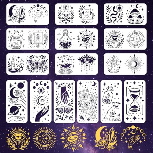 INFUNLY 15Pcs Magic Divination Wall Stencil for Painting 3.9×7.87 Reusable Wall Stencils Dream Theme Painting Stencil Small Vintage Walls Template for Crafts Cement Wood Furniture Bedroom Home Decor