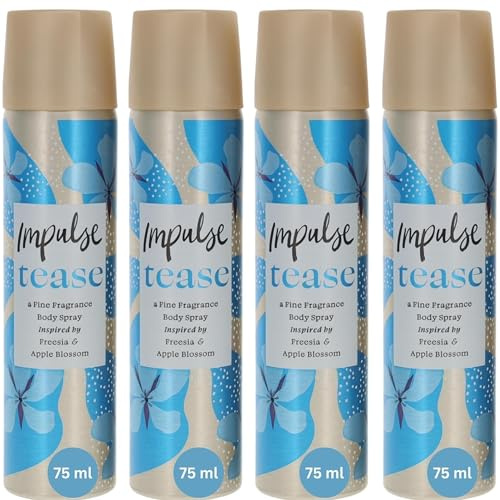 Impulse Tease Body Spray Deodorant for Women, 4 x 75ml – Long-Lasting Fruity Scent, Portable Size, All-Day Freshness