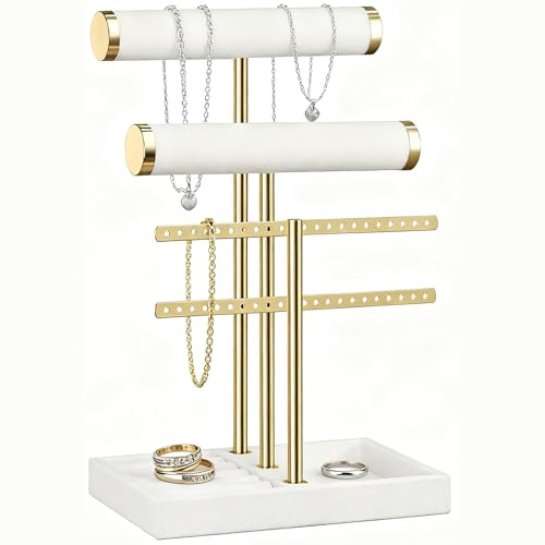 ULIKEUS 3 Tier Bracelet Holder Display Stand DetachableT Bar Velvet Jewelry Holder Organiser with Tray for Bracelets, Bangles, Necklace, Watches, Earrings,Rings,White