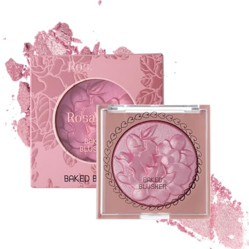 KARLOR Baked Blusher Resaltante prensado con brillo perlado 3D, rubor de cara brillante, textura floral en relieve, paleta de polvos de color rosa (rubor 01#)