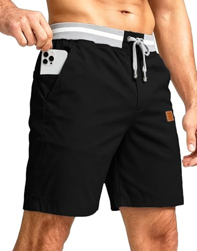 PrimeCrest Pantalones Cortos Hombre Algodon Bermudas Verano con Bolsillos Chino Casual Ligero con Cordones Elásticas Ajustable Cintura Deporte Gym Holgados Shorts Negro XL
