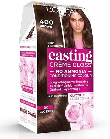 L’Oréal Paris Ammonia Free Semi-Permanent Hair Dye, 400 Dark Brown, Glossy Hair Colour, Natural Looking Finish, For up to 28 Shampoos, Casting Crème Gloss, 1 Application