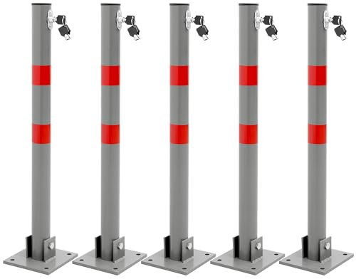 ECD Germany 5x Barrière de Parking Rabattable - 71 cm - Rond - en Acier - Verrouillable avec Clés - Poteau Borne de Stationnement Pliable - Matériel de Fixation Inclus - Bandes Avertissement Rouges